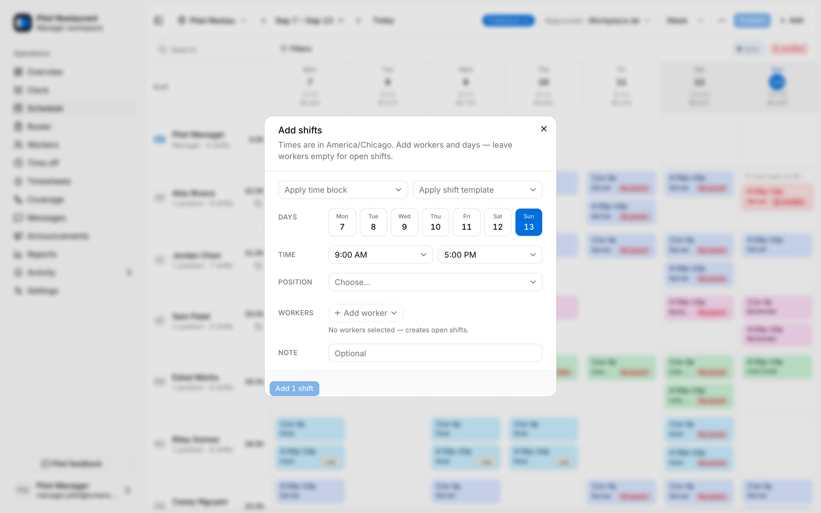 Add shift dialog with time block and shift template shortcuts