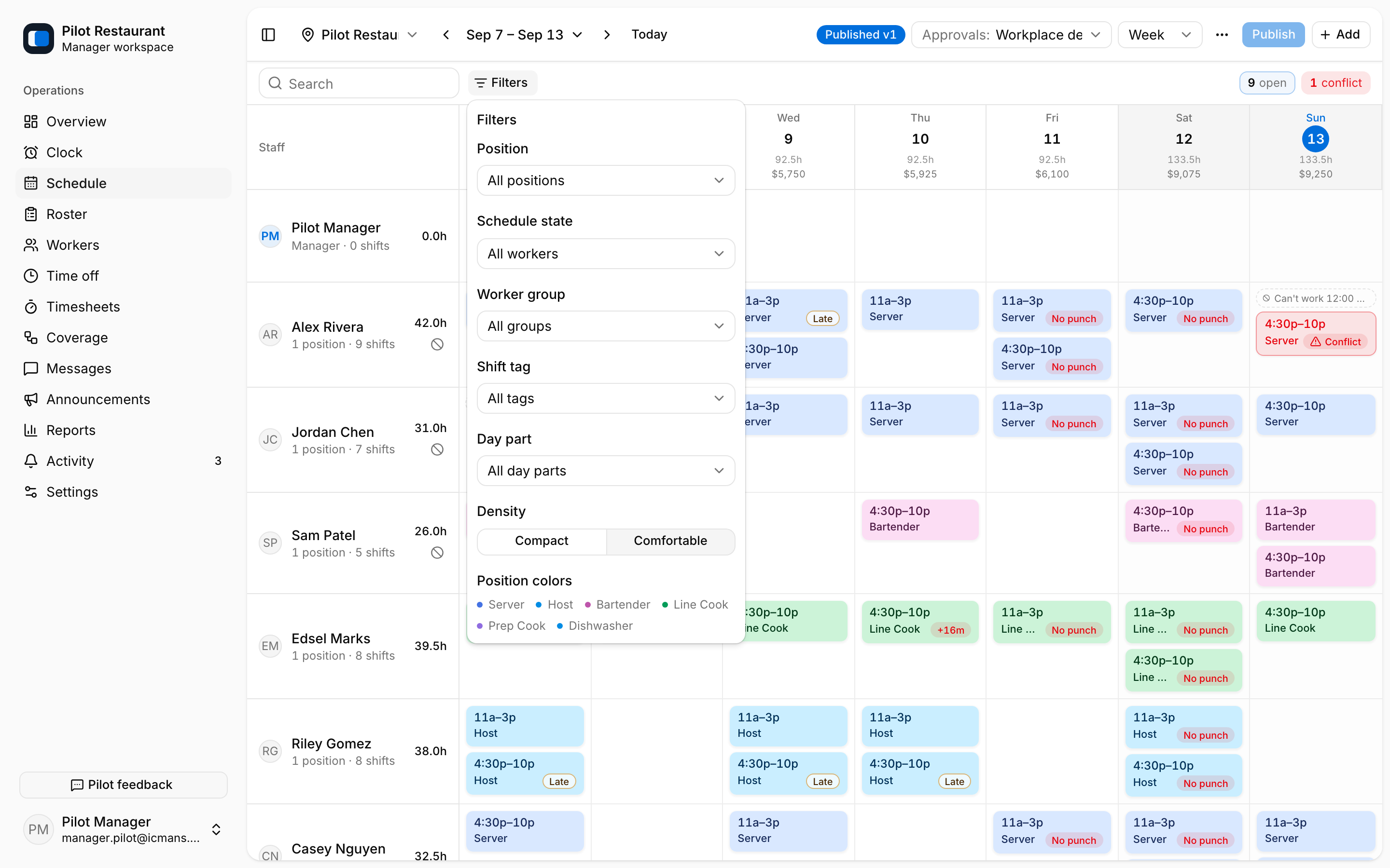 Schedule filters popover