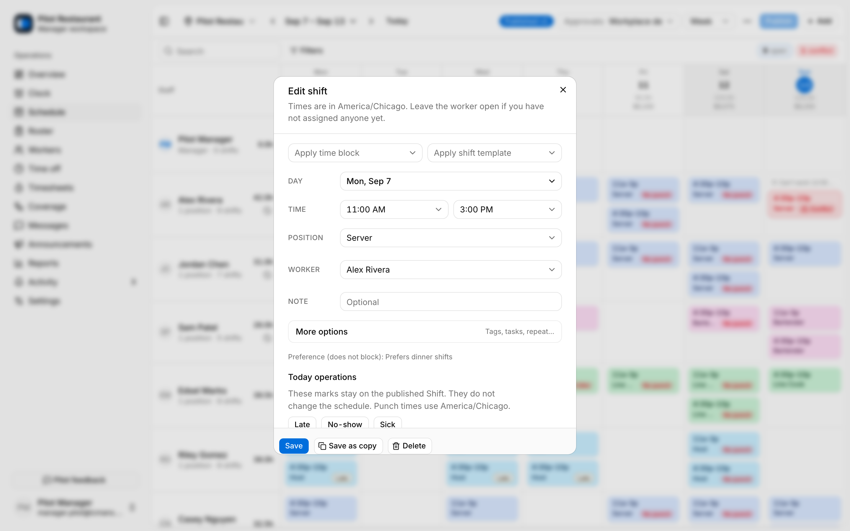 Shift editor with today operations marks and an unavailability override