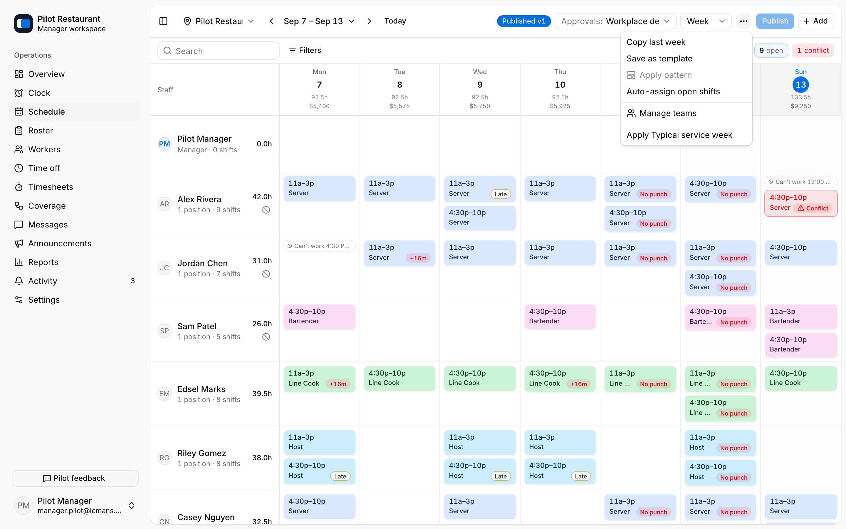 Schedule tools menu with copy, templates, patterns, and auto-assign