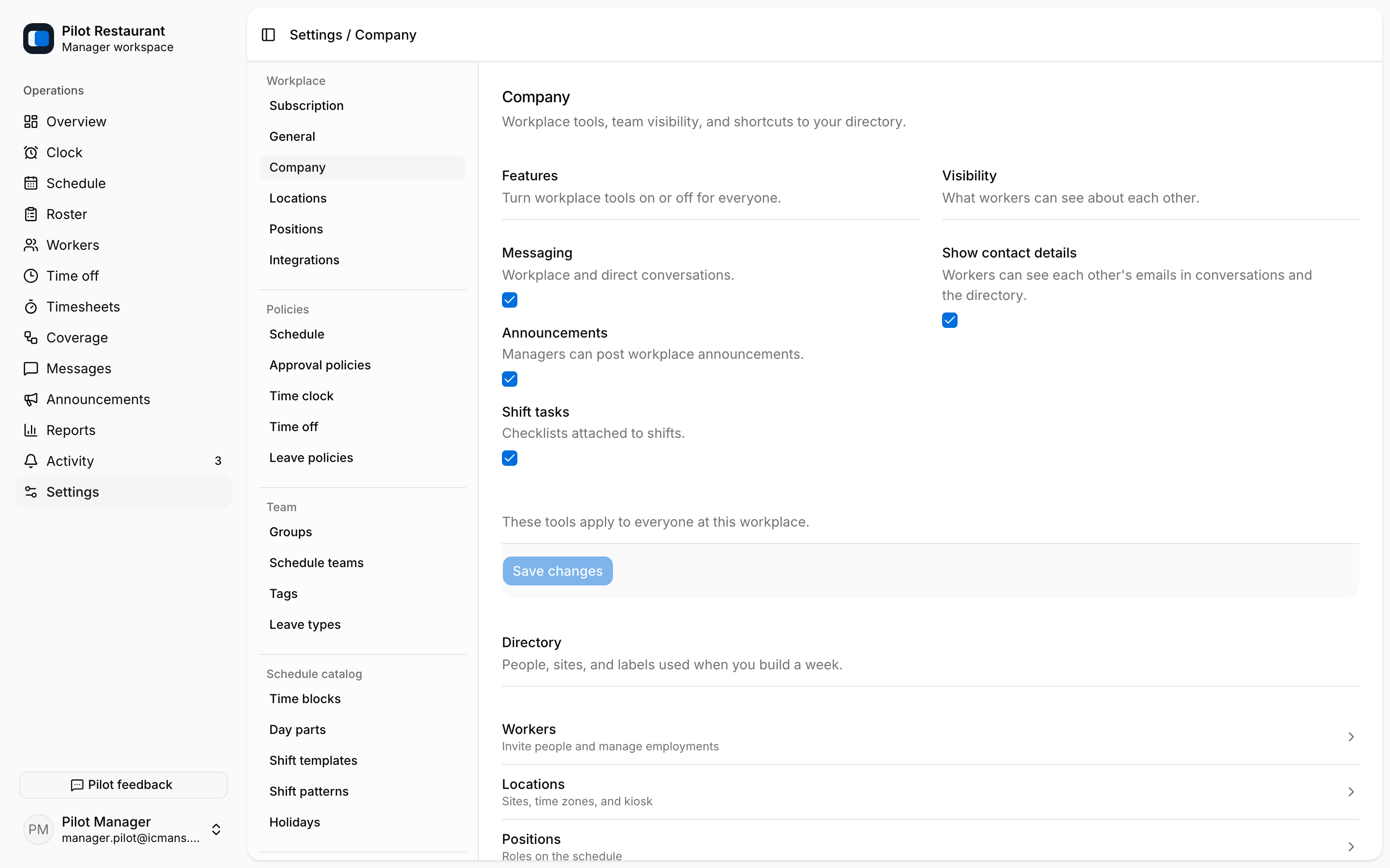 Company settings with feature toggles