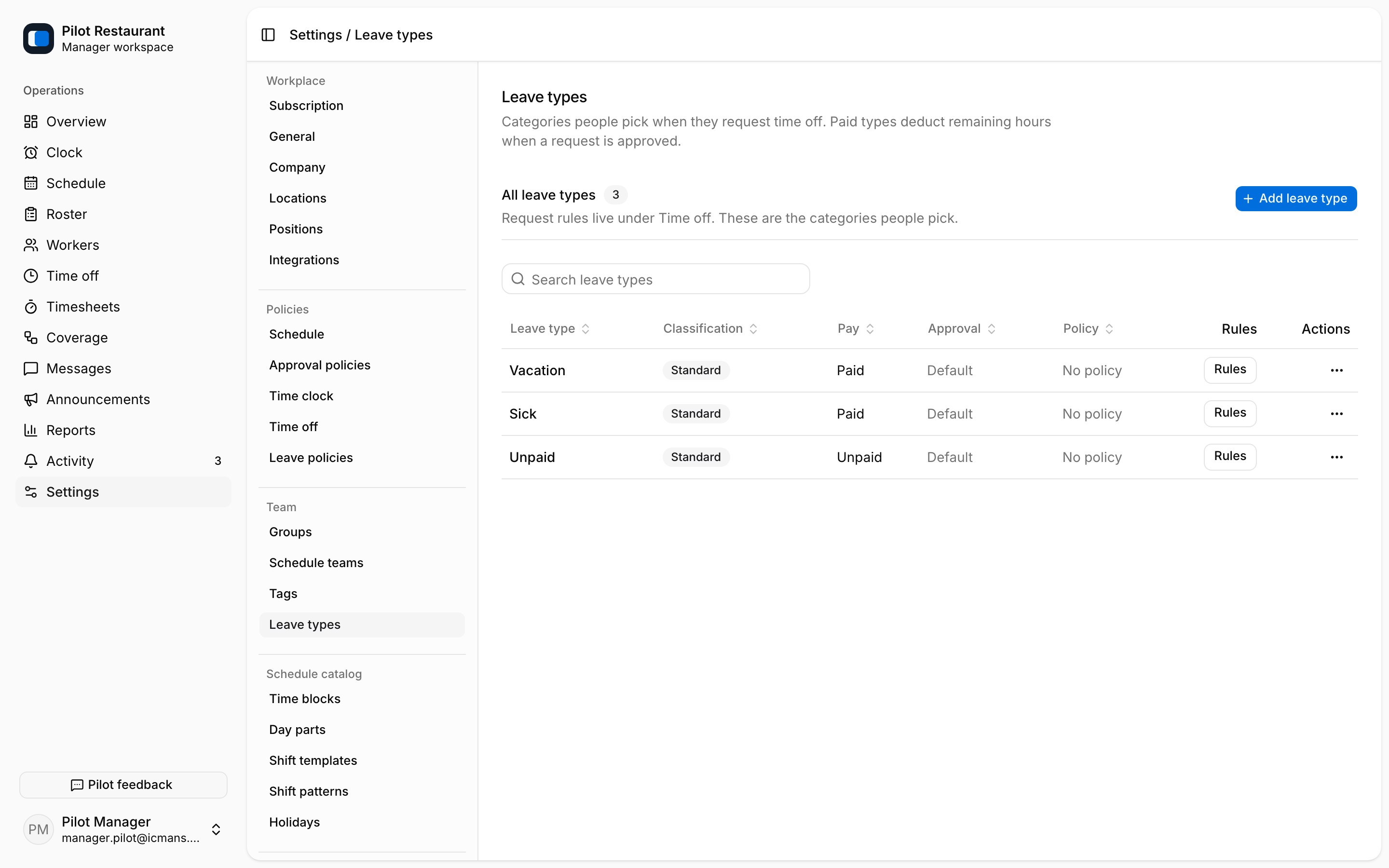 Leave types with paid status and rules