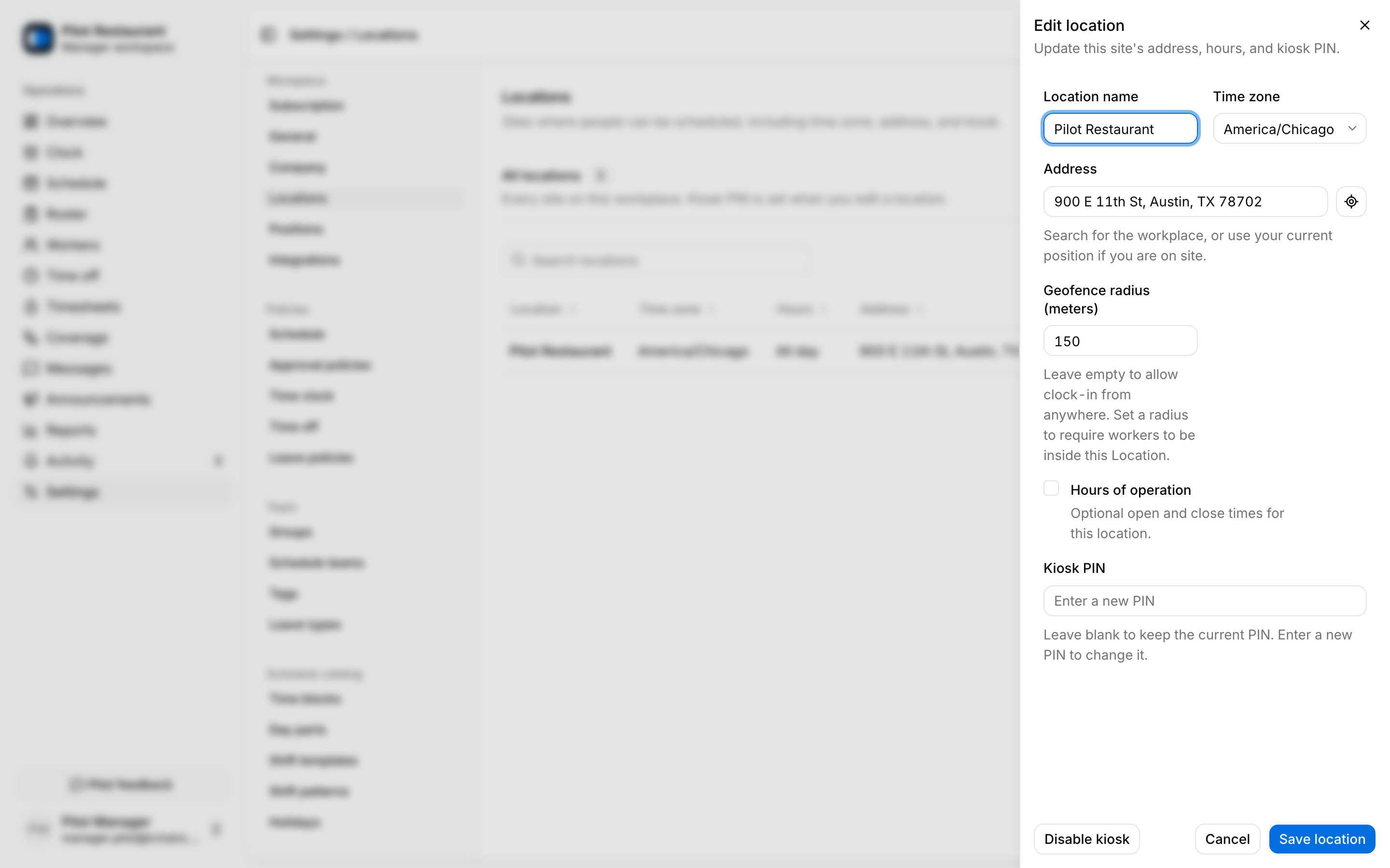 Location edit sheet with geofence and kiosk settings