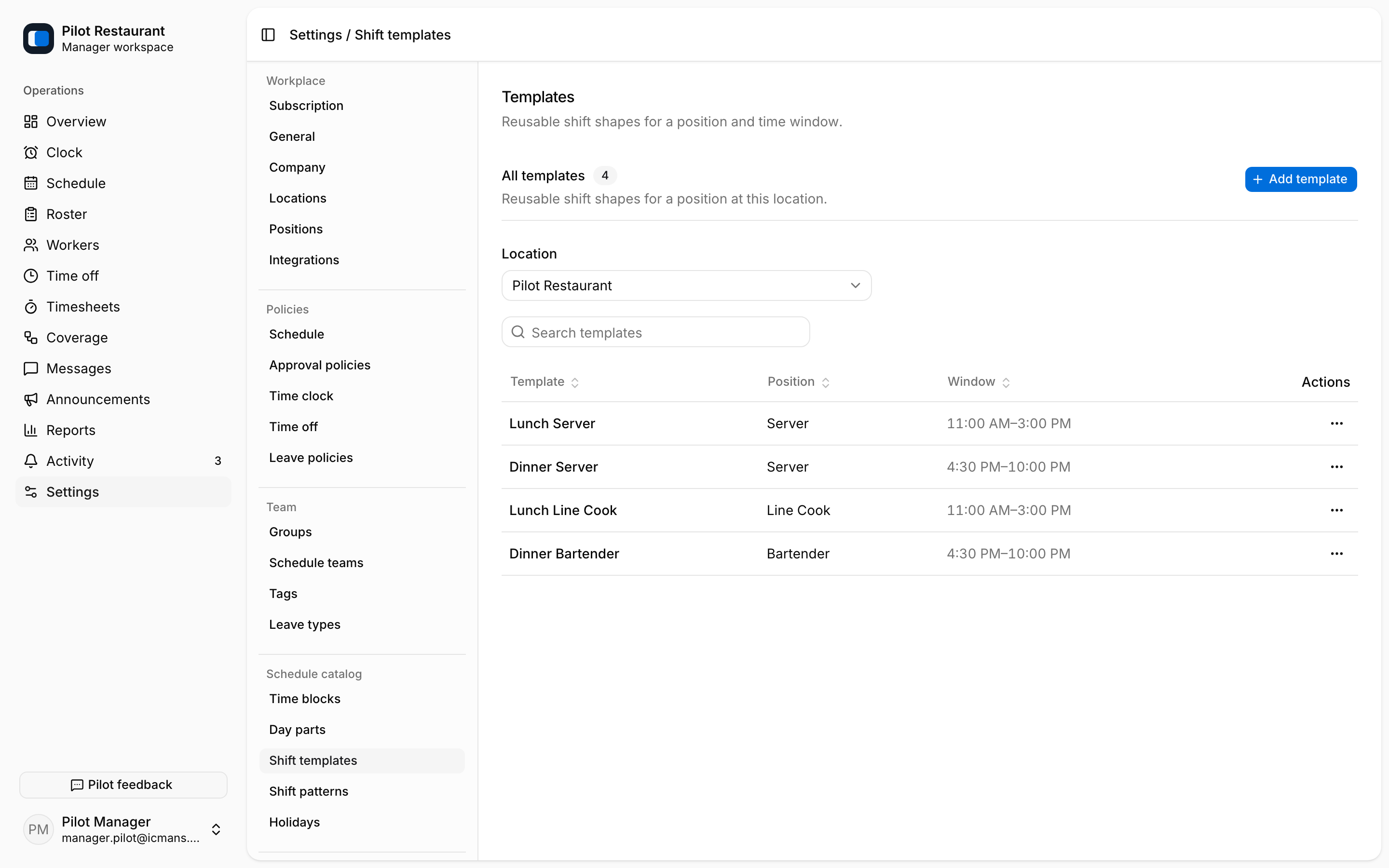 Shift templates for reusable shift shapes