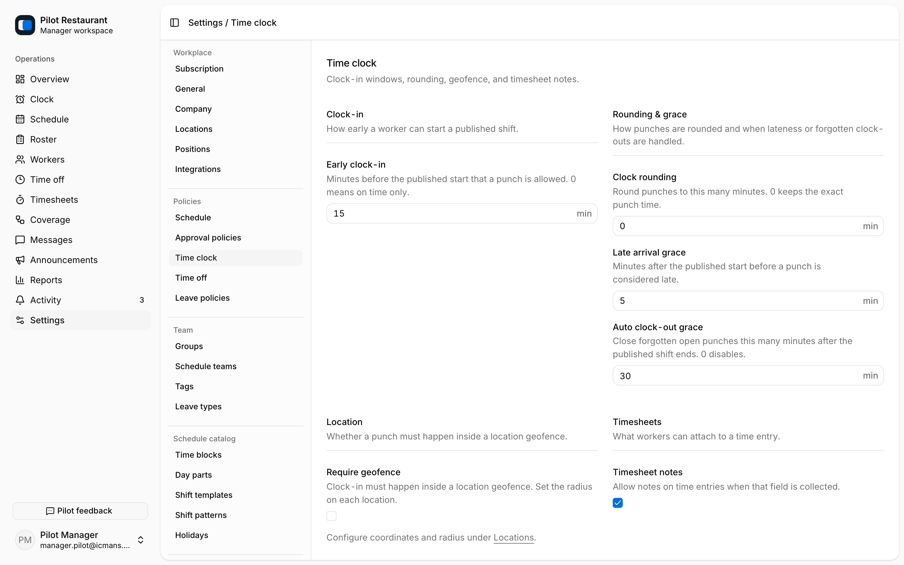 Time clock settings with rounding and grace rules