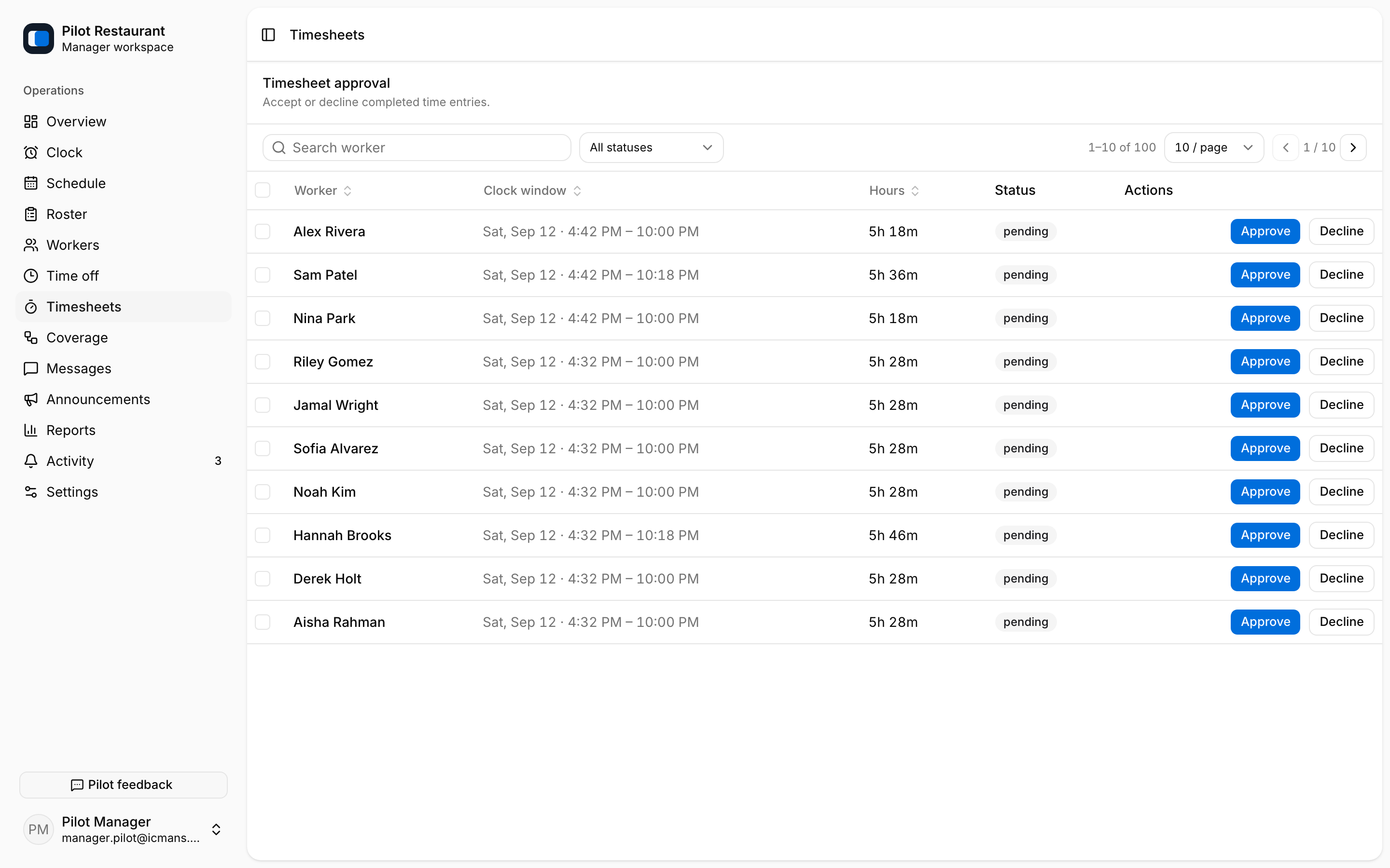 Timesheets approval list