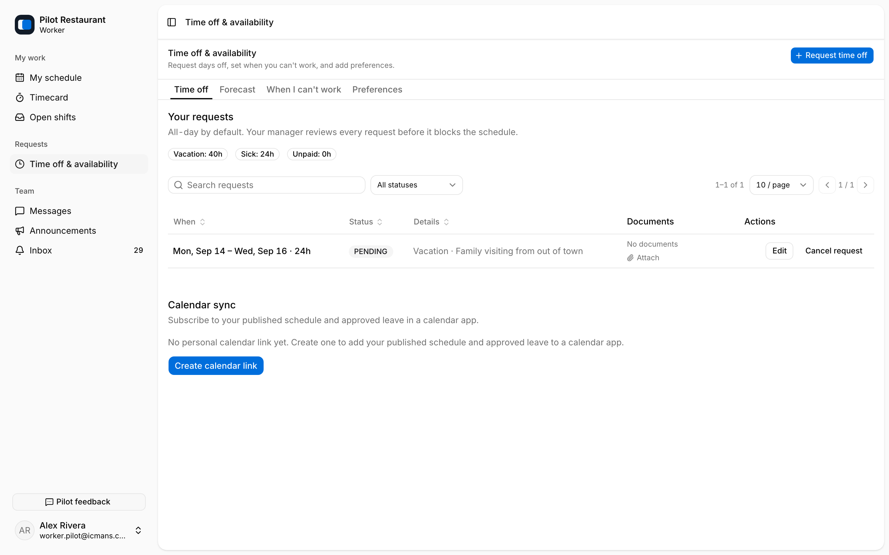 Availability page with time off, forecast, and unavailability