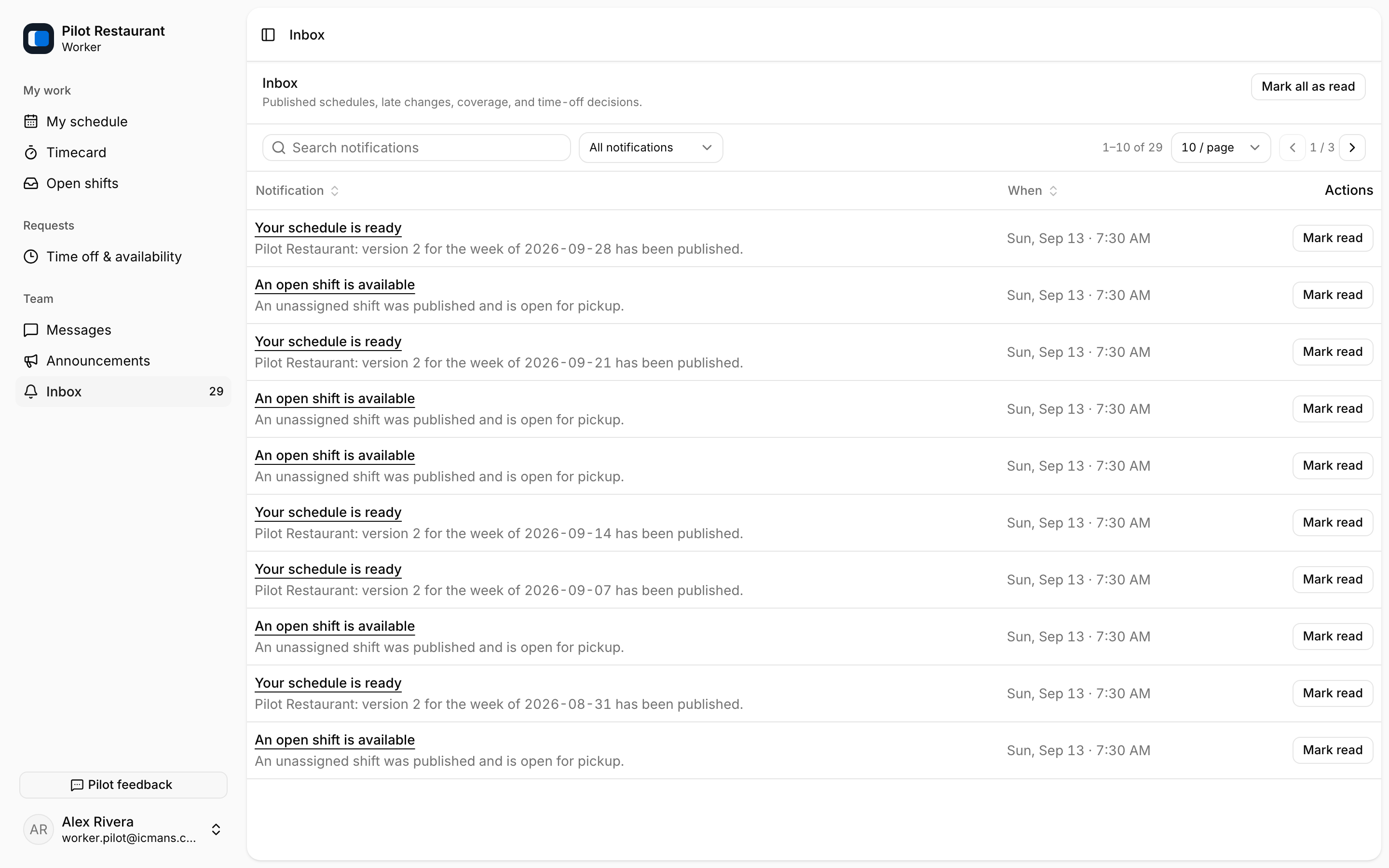 Worker Inbox with notifications